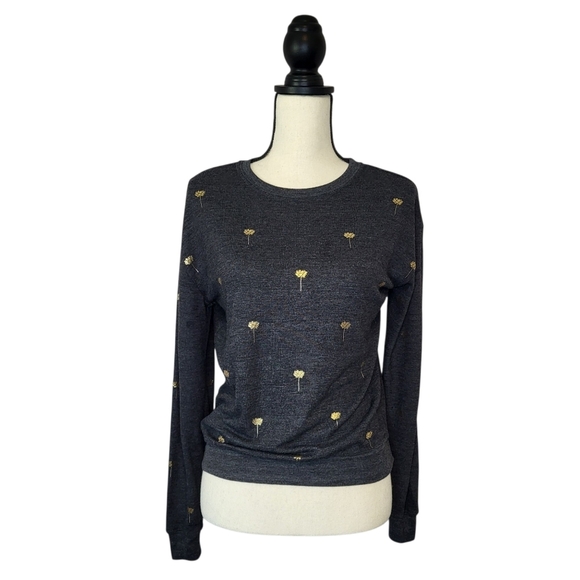 Spiritual Gangster Top Dark Heather Gray Gold Floral Print Long Sleeve Sz Small - Picture 1 of 8
